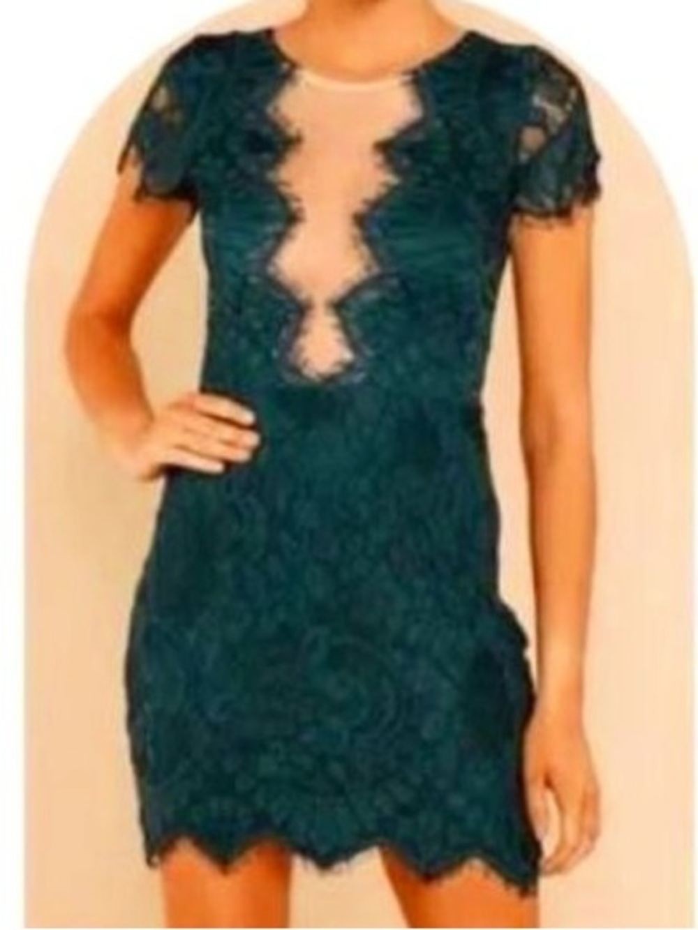 Storia Emerald Green Lace Mini Dress with Sheer Mesh V-Neck - Small